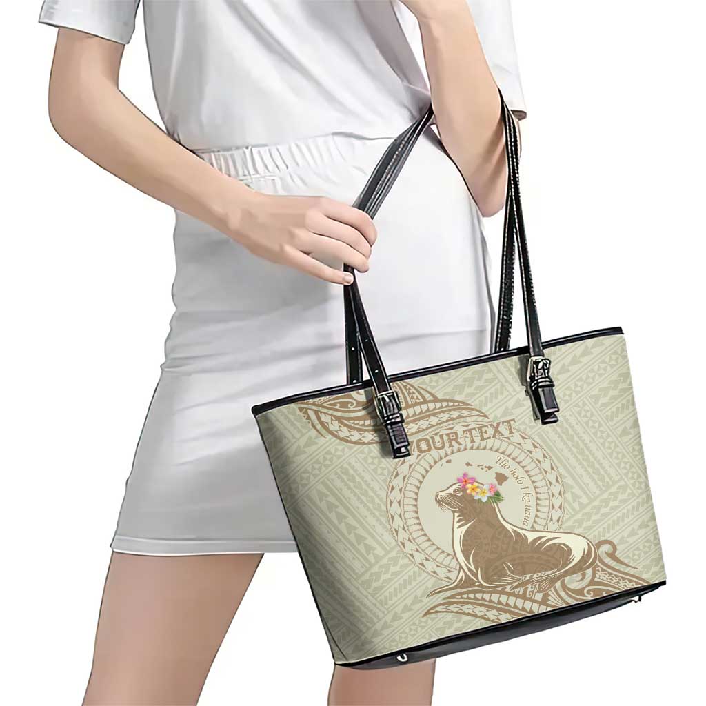 Personalised Hawaii Monk Seal Leather Tote Bag Polynesian Tattoo With Tropical Flowers - Beige Pastel LT14 - Polynesian Pride