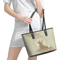 Personalised Hawaii Monk Seal Leather Tote Bag Polynesian Tattoo With Tropical Flowers - Beige Pastel LT14 - Polynesian Pride