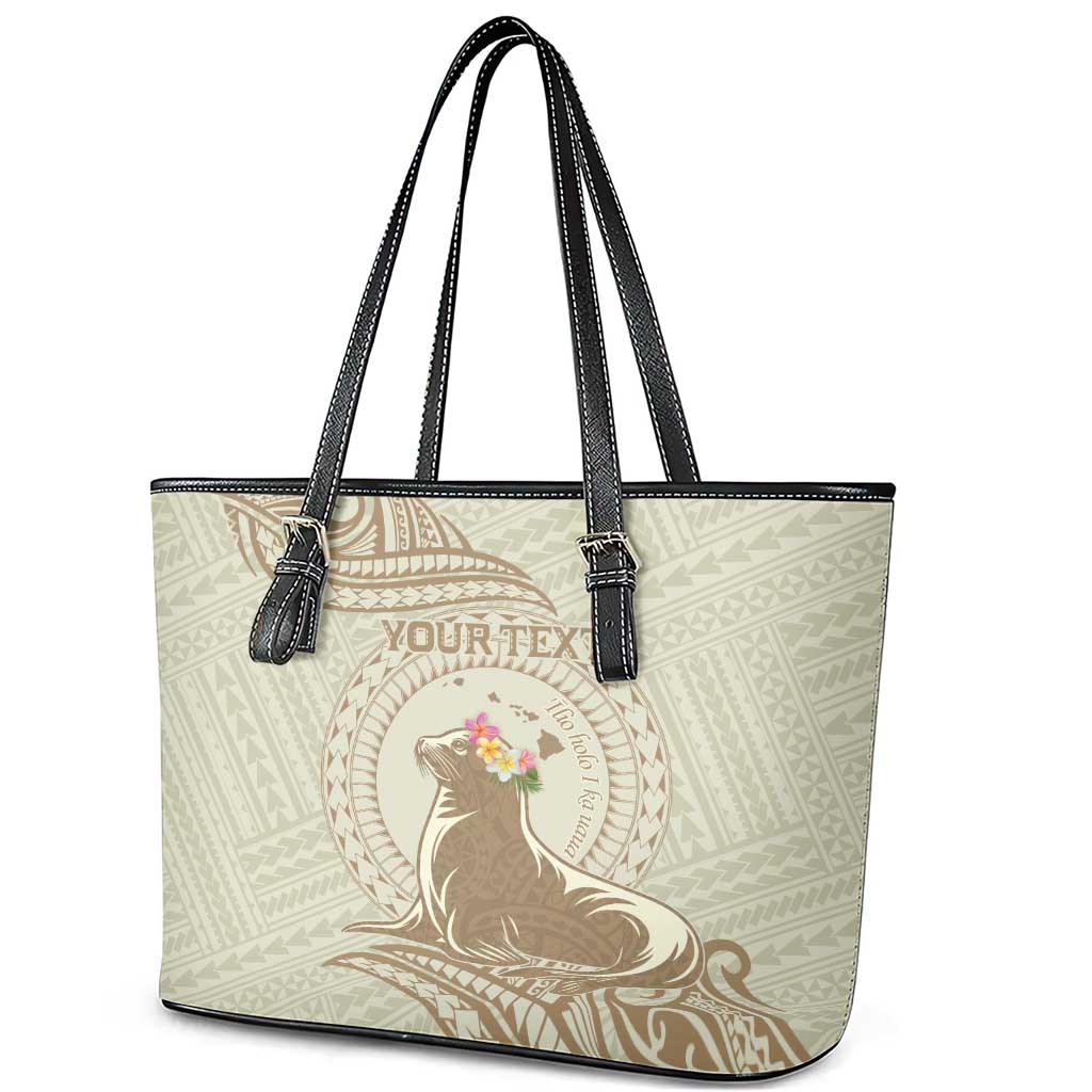 Personalised Hawaii Monk Seal Leather Tote Bag Polynesian Tattoo With Tropical Flowers - Beige Pastel LT14 - Polynesian Pride