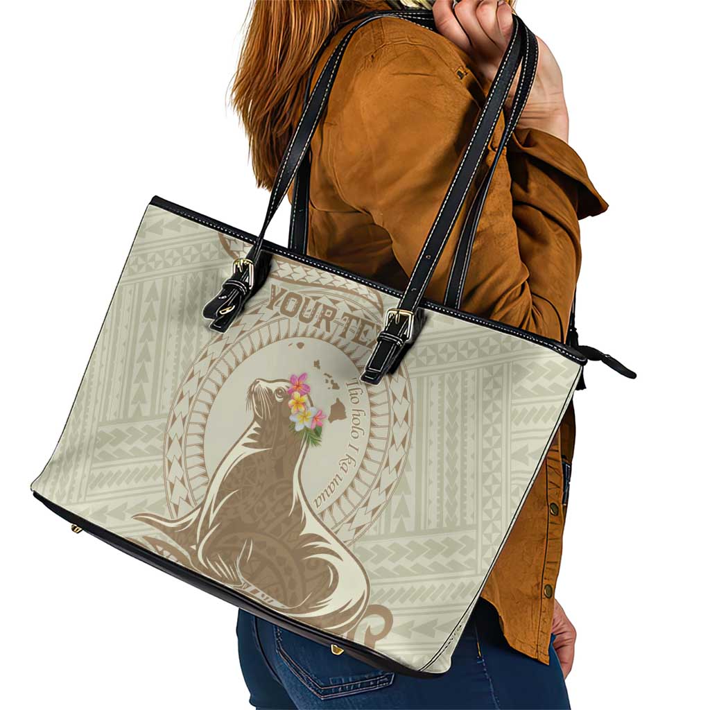 Personalised Hawaii Monk Seal Leather Tote Bag Polynesian Tattoo With Tropical Flowers - Beige Pastel LT14 - Polynesian Pride