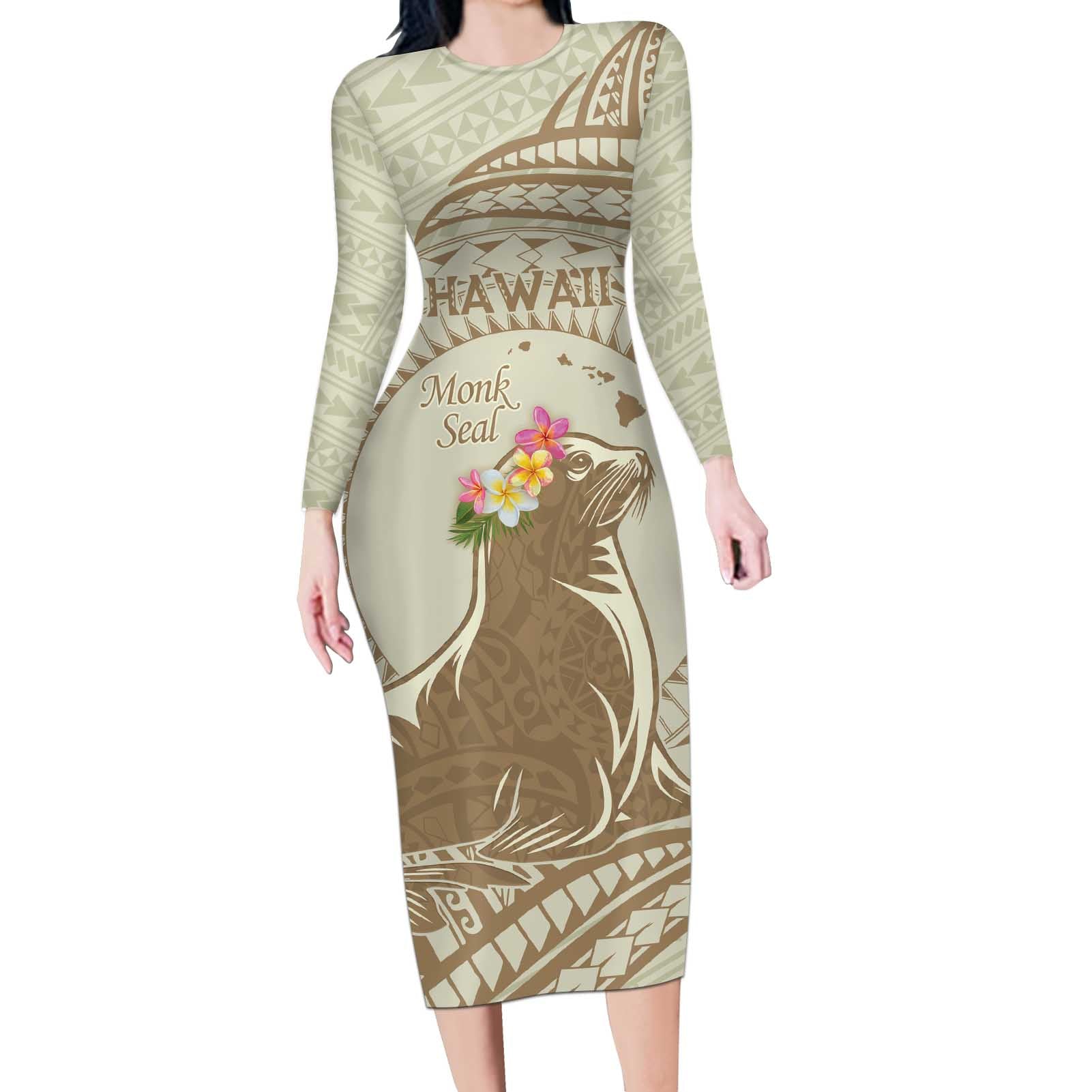 Personalised Hawaii Monk Seal Long Sleeve Bodycon Dress Polynesian Tattoo With Tropical Flowers - Beige Pastel