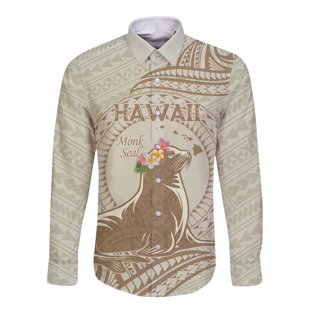 Personalised Hawaii Monk Seal Long Sleeve Button Shirt Polynesian Tattoo With Tropical Flowers - Beige Pastel