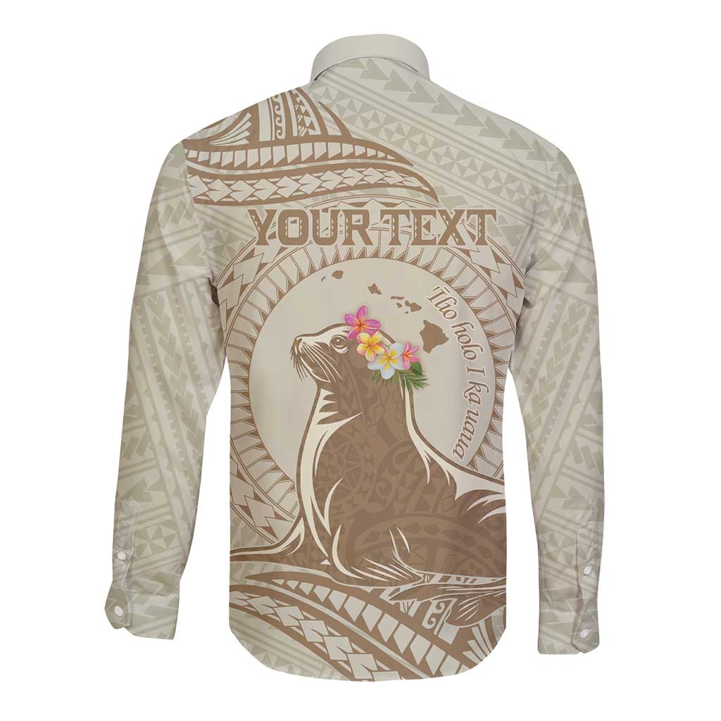 Personalised Hawaii Monk Seal Long Sleeve Button Shirt Polynesian Tattoo With Tropical Flowers - Beige Pastel