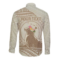Personalised Hawaii Monk Seal Long Sleeve Button Shirt Polynesian Tattoo With Tropical Flowers - Beige Pastel