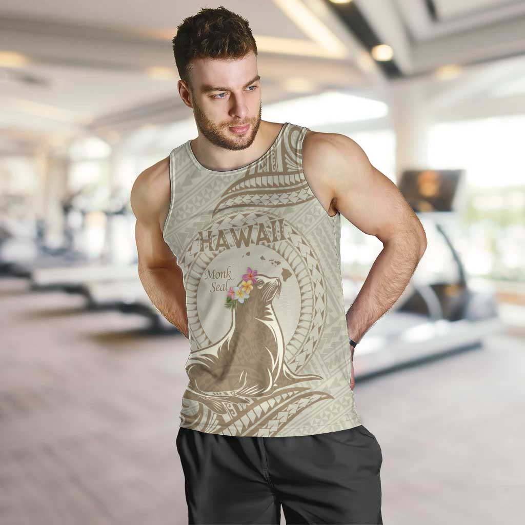 Personalised Hawaii Monk Seal Men Tank Top Polynesian Tattoo With Tropical Flowers - Beige Pastel LT14 Beige - Polynesian Pride