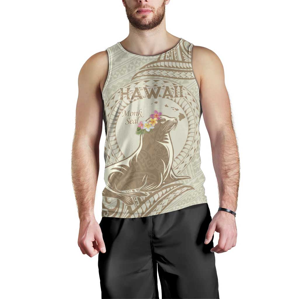 Personalised Hawaii Monk Seal Men Tank Top Polynesian Tattoo With Tropical Flowers - Beige Pastel LT14 - Polynesian Pride