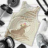 Personalised Hawaii Monk Seal Men Tank Top Polynesian Tattoo With Tropical Flowers - Beige Pastel LT14 - Polynesian Pride