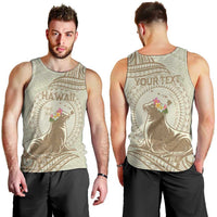 Personalised Hawaii Monk Seal Men Tank Top Polynesian Tattoo With Tropical Flowers - Beige Pastel LT14 - Polynesian Pride