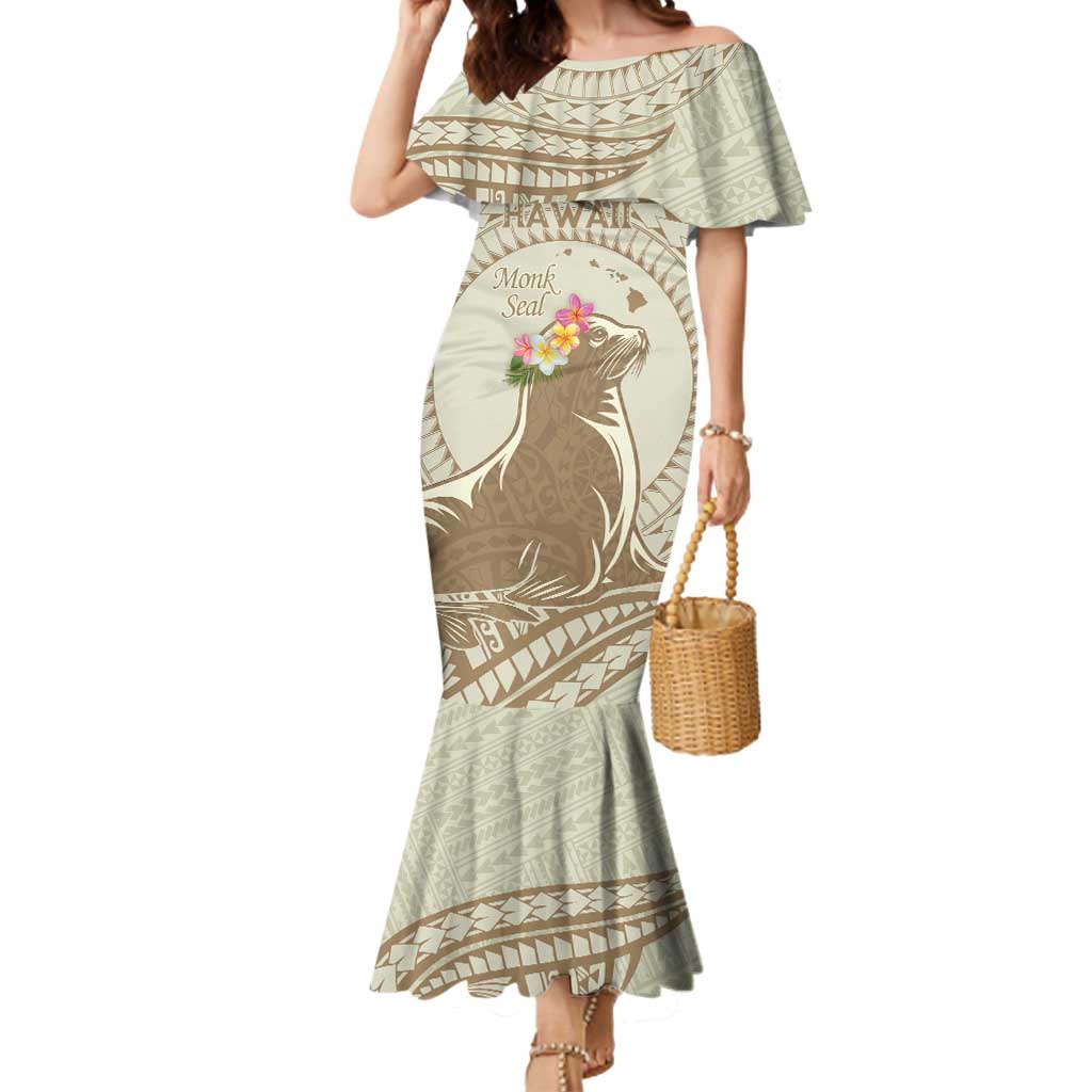 Personalised Hawaii Monk Seal Mermaid Dress Polynesian Tattoo With Tropical Flowers - Beige Pastel