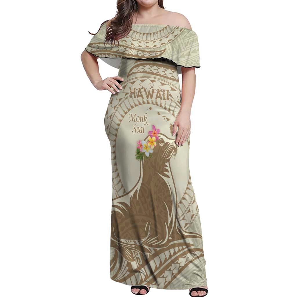 Personalised Hawaii Monk Seal Off Shoulder Maxi Dress Polynesian Tattoo With Tropical Flowers - Beige Pastel LT14 Women Beige - Polynesian Pride