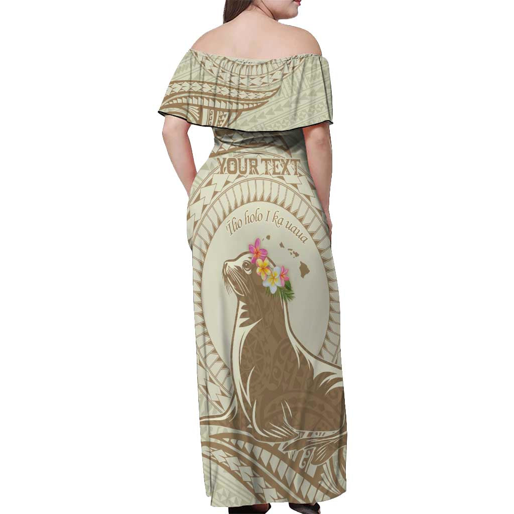Personalised Hawaii Monk Seal Off Shoulder Maxi Dress Polynesian Tattoo With Tropical Flowers - Beige Pastel LT14 - Polynesian Pride
