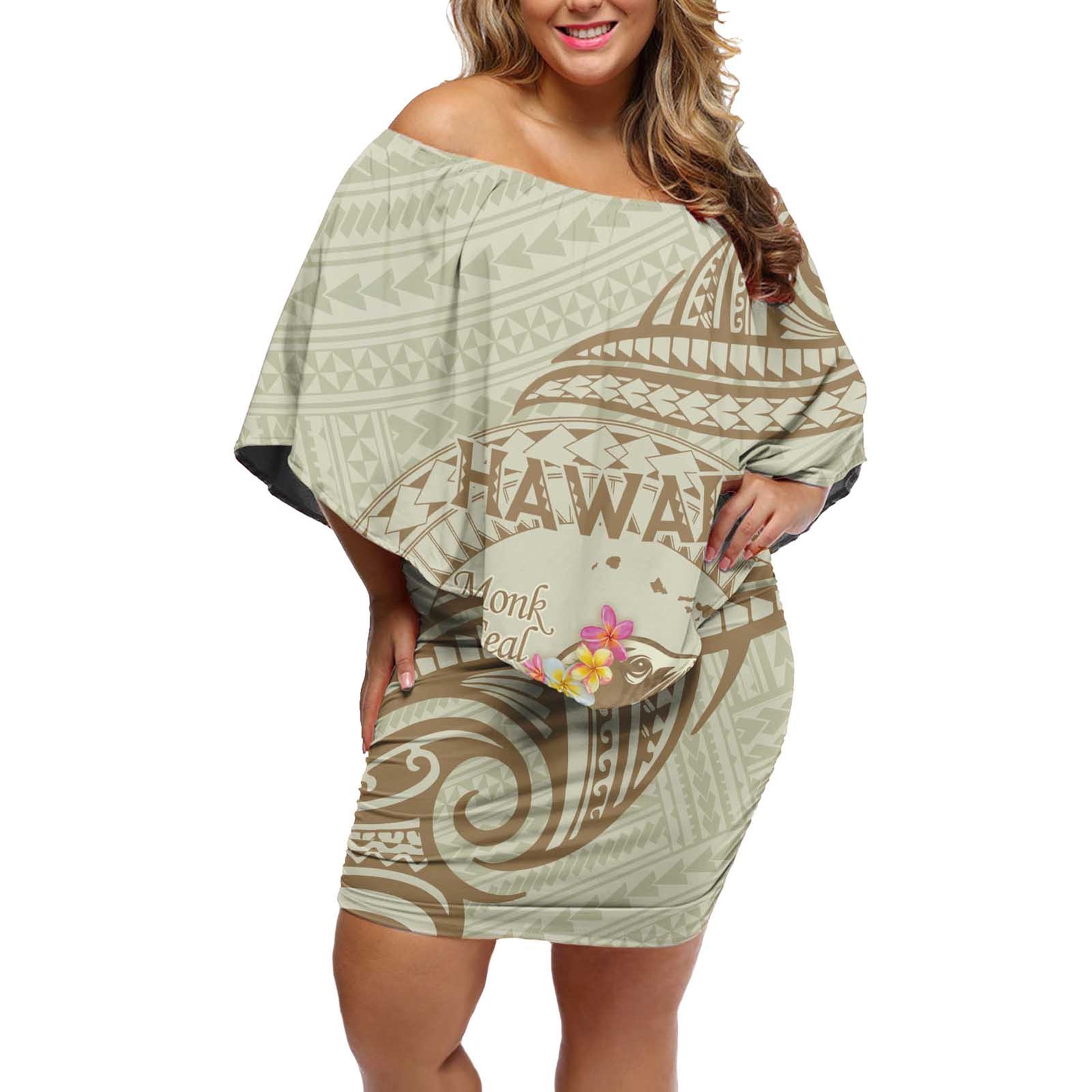 Personalised Hawaii Monk Seal Off Shoulder Short Dress Polynesian Tattoo With Tropical Flowers - Beige Pastel LT14 Women Beige - Polynesian Pride
