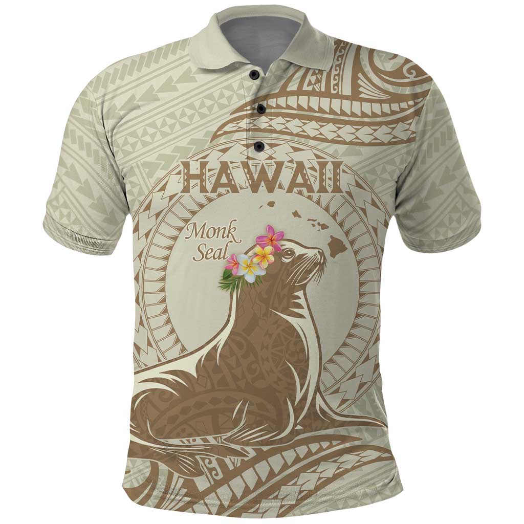 Personalised Hawaii Monk Seal Polo Shirt Polynesian Tattoo With Tropical Flowers - Beige Pastel