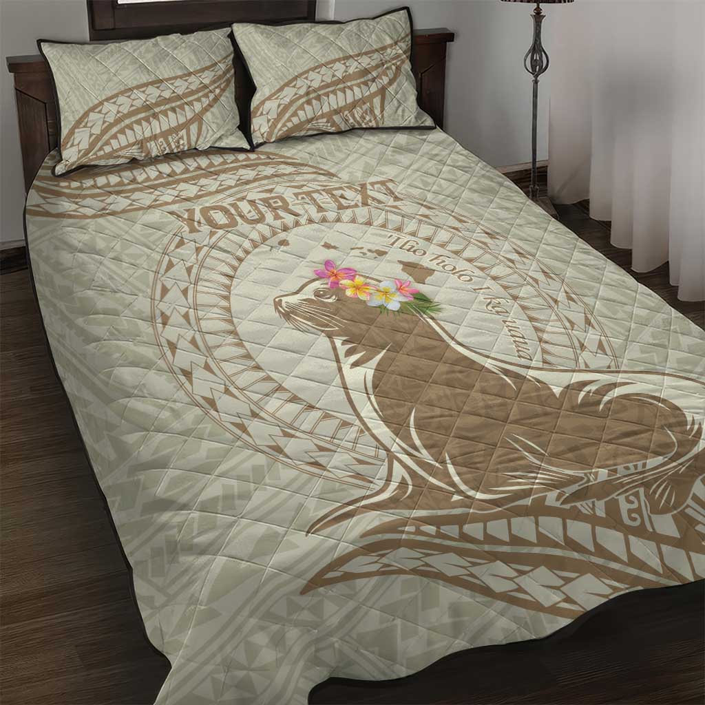 Personalised Hawaii Monk Seal Quilt Bed Set Polynesian Tattoo With Tropical Flowers - Beige Pastel