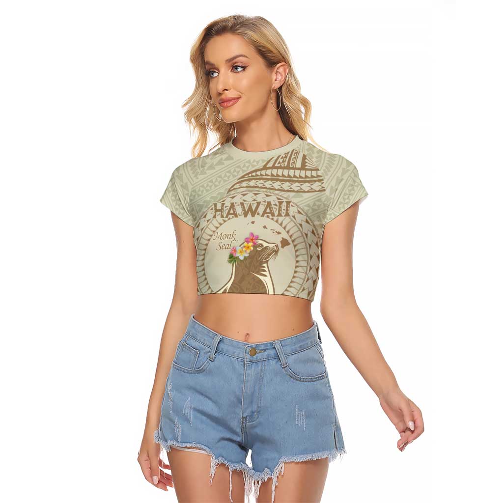 Personalised Hawaii Monk Seal Raglan Cropped T Shirt Polynesian Tattoo With Tropical Flowers - Beige Pastel