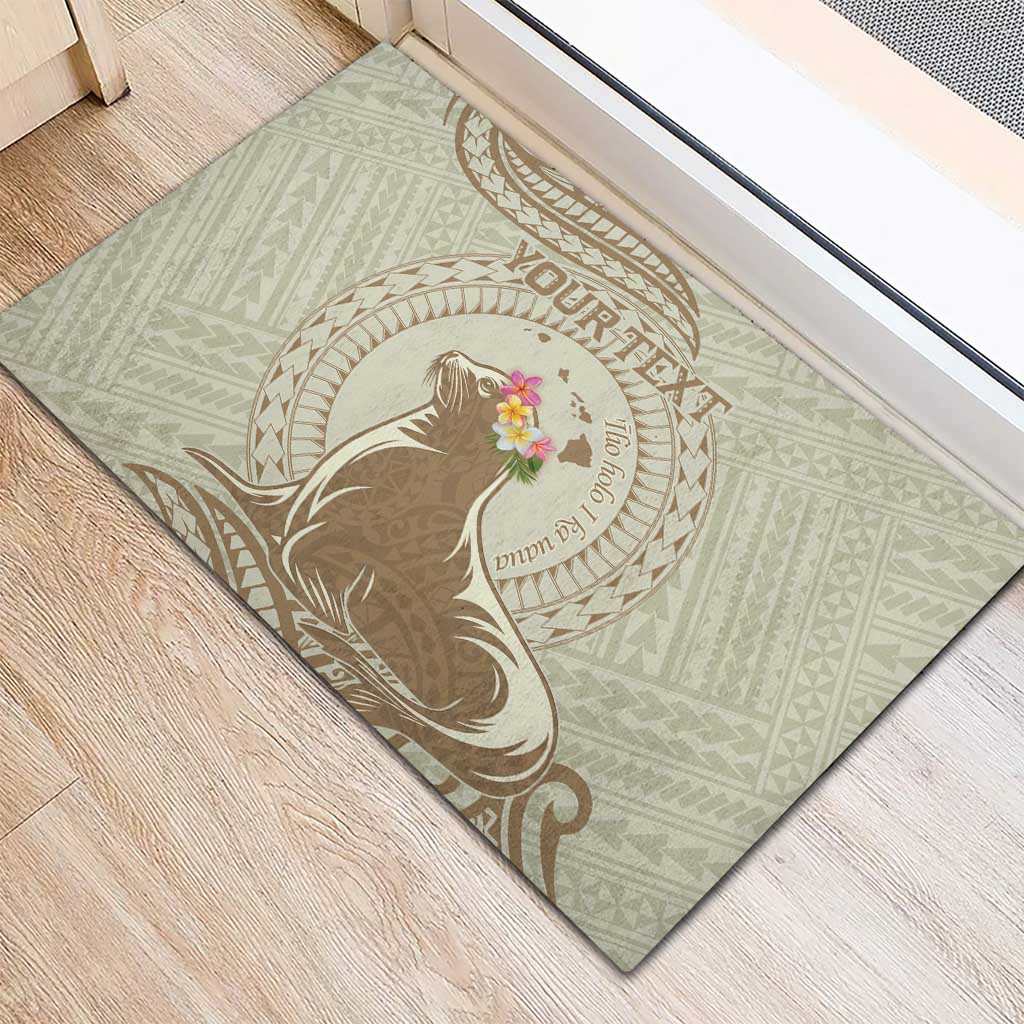Personalised Hawaii Monk Seal Rubber Doormat Polynesian Tattoo With Tropical Flowers - Beige Pastel LT14 - Polynesian Pride