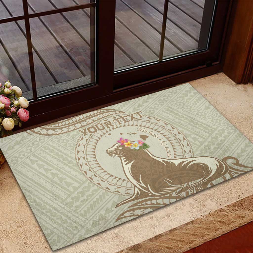 Personalised Hawaii Monk Seal Rubber Doormat Polynesian Tattoo With Tropical Flowers - Beige Pastel LT14 - Polynesian Pride
