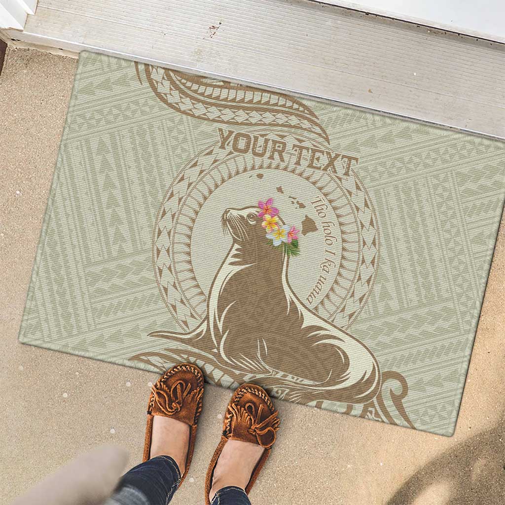 Personalised Hawaii Monk Seal Rubber Doormat Polynesian Tattoo With Tropical Flowers - Beige Pastel LT14 - Polynesian Pride