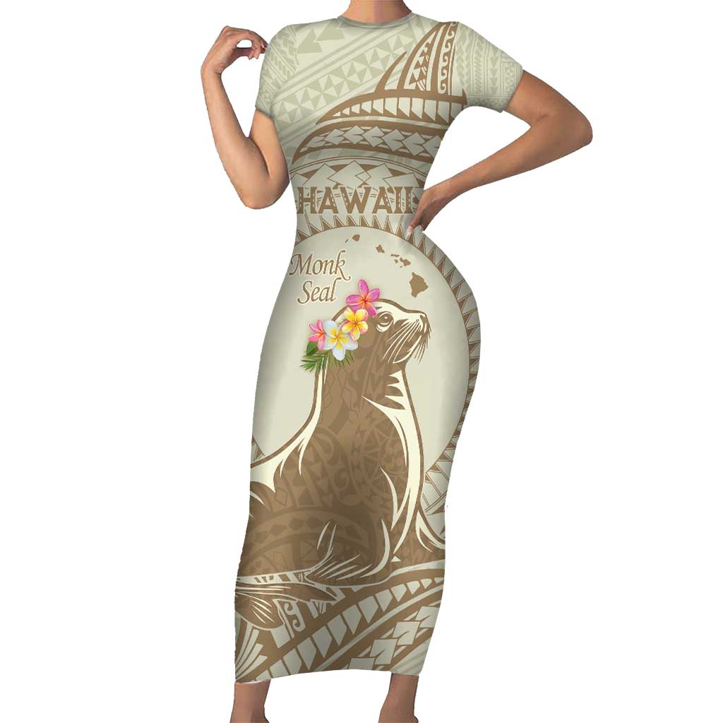 Personalised Hawaii Monk Seal Short Sleeve Bodycon Dress Polynesian Tattoo With Tropical Flowers - Beige Pastel