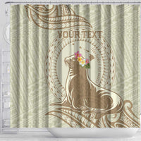Personalised Hawaii Monk Seal Shower Curtain Polynesian Tattoo With Tropical Flowers - Beige Pastel