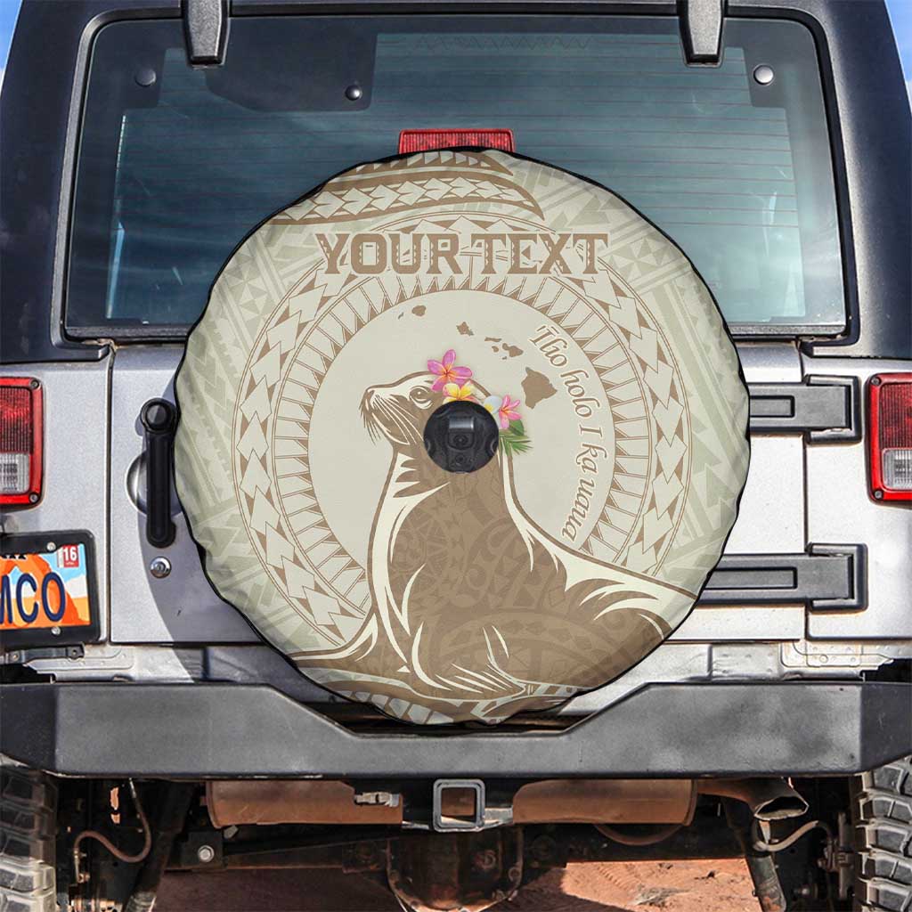 Personalised Hawaii Monk Seal Spare Tire Cover Polynesian Tattoo With Tropical Flowers - Beige Pastel LT14 Beige - Polynesian Pride