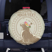 Personalised Hawaii Monk Seal Spare Tire Cover Polynesian Tattoo With Tropical Flowers - Beige Pastel LT14 - Polynesian Pride