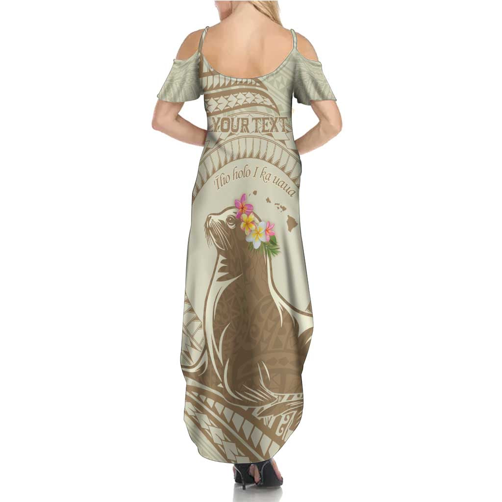 Personalised Hawaii Monk Seal Summer Maxi Dress Polynesian Tattoo With Tropical Flowers - Beige Pastel LT14 - Polynesian Pride
