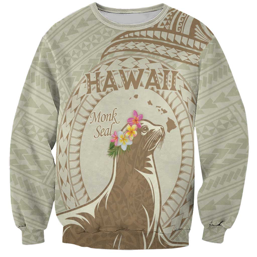 Personalised Hawaii Monk Seal Sweatshirt Polynesian Tattoo With Tropical Flowers - Beige Pastel