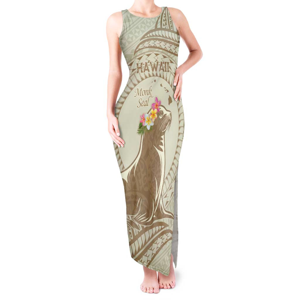 Personalised Hawaii Monk Seal Tank Maxi Dress Polynesian Tattoo With Tropical Flowers - Beige Pastel LT14 Women Beige - Polynesian Pride