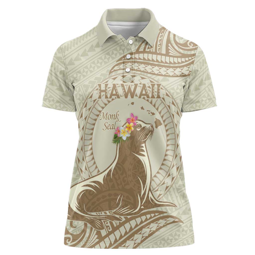 Personalised Hawaii Monk Seal Women Polo Shirt Polynesian Tattoo With Tropical Flowers - Beige Pastel