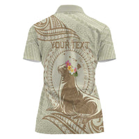 Personalised Hawaii Monk Seal Women Polo Shirt Polynesian Tattoo With Tropical Flowers - Beige Pastel