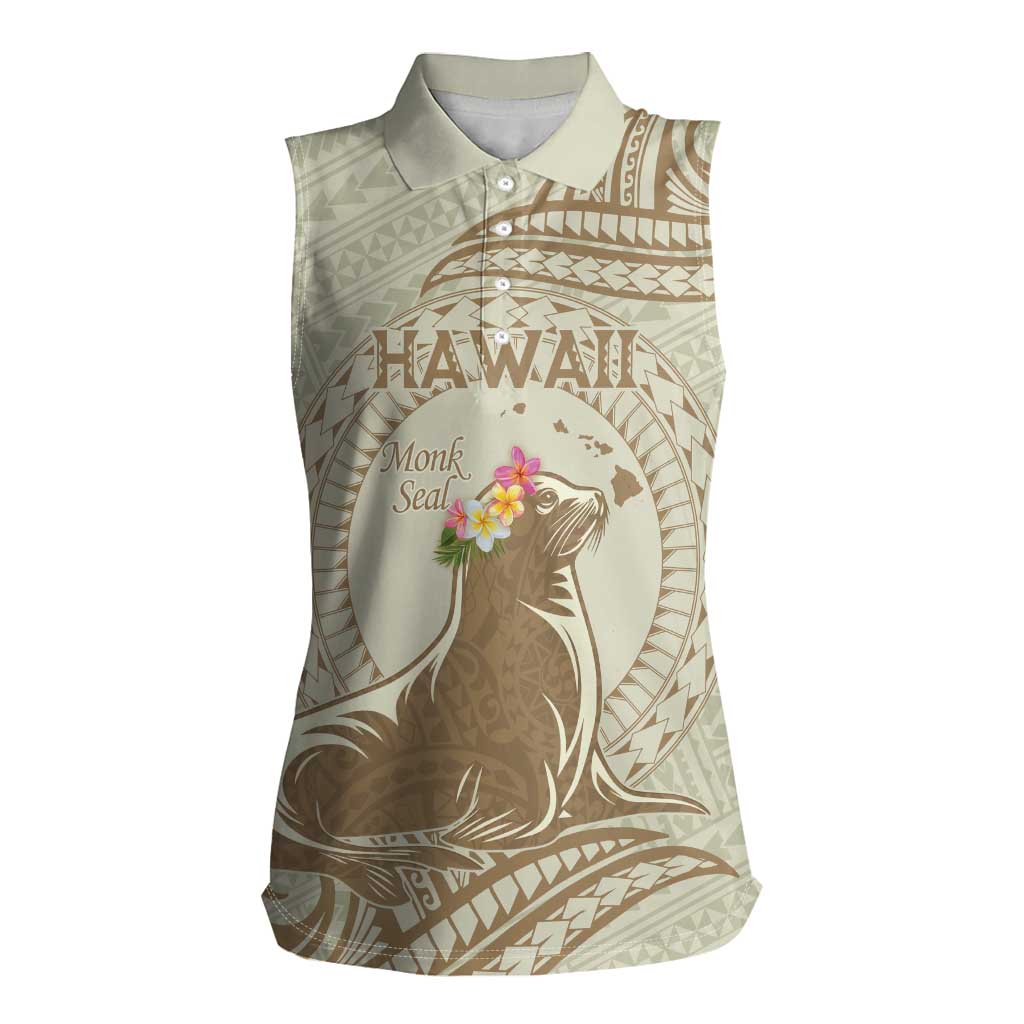 Personalised Hawaii Monk Seal Women Sleeveless Polo Shirt Polynesian Tattoo With Tropical Flowers - Beige Pastel