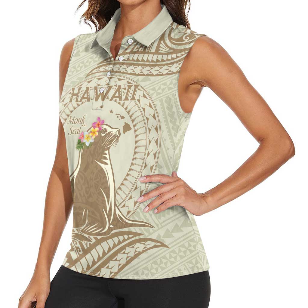 Personalised Hawaii Monk Seal Women Sleeveless Polo Shirt Polynesian Tattoo With Tropical Flowers - Beige Pastel