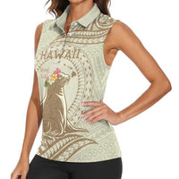 Personalised Hawaii Monk Seal Women Sleeveless Polo Shirt Polynesian Tattoo With Tropical Flowers - Beige Pastel