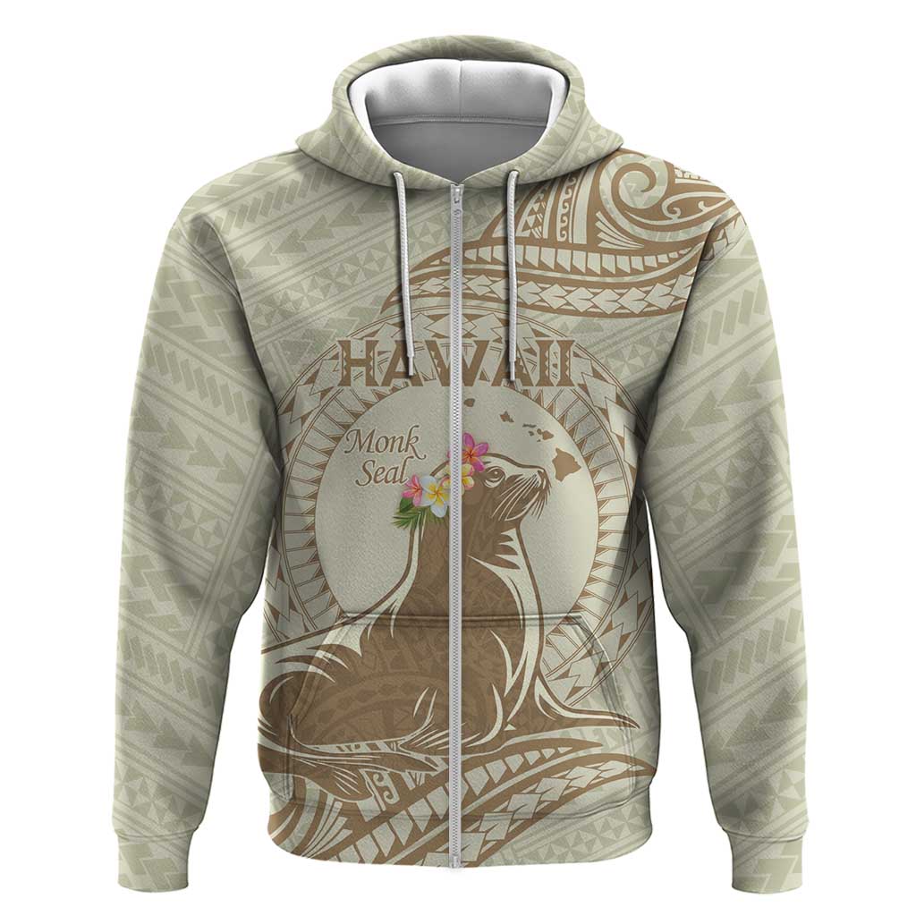 Personalised Hawaii Monk Seal Zip Hoodie Polynesian Tattoo With Tropical Flowers - Beige Pastel