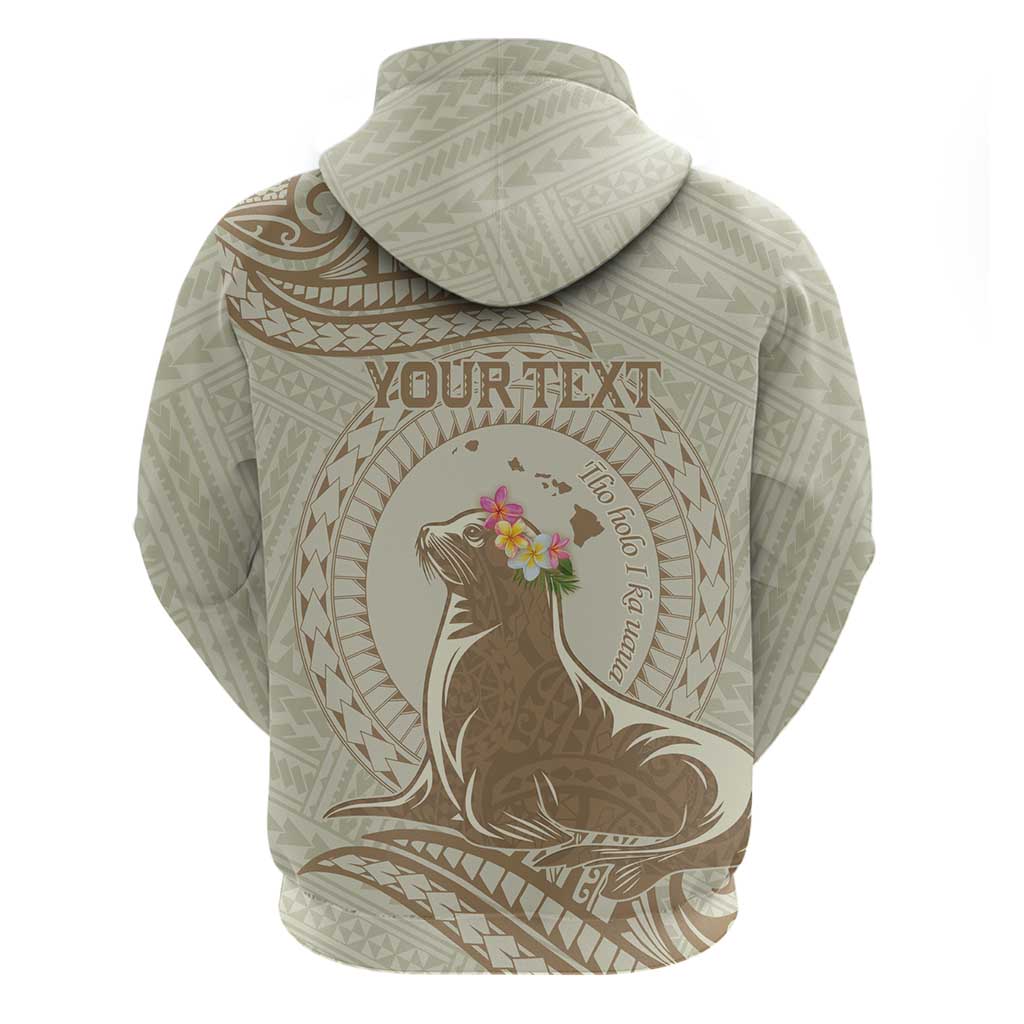 Personalised Hawaii Monk Seal Zip Hoodie Polynesian Tattoo With Tropical Flowers - Beige Pastel