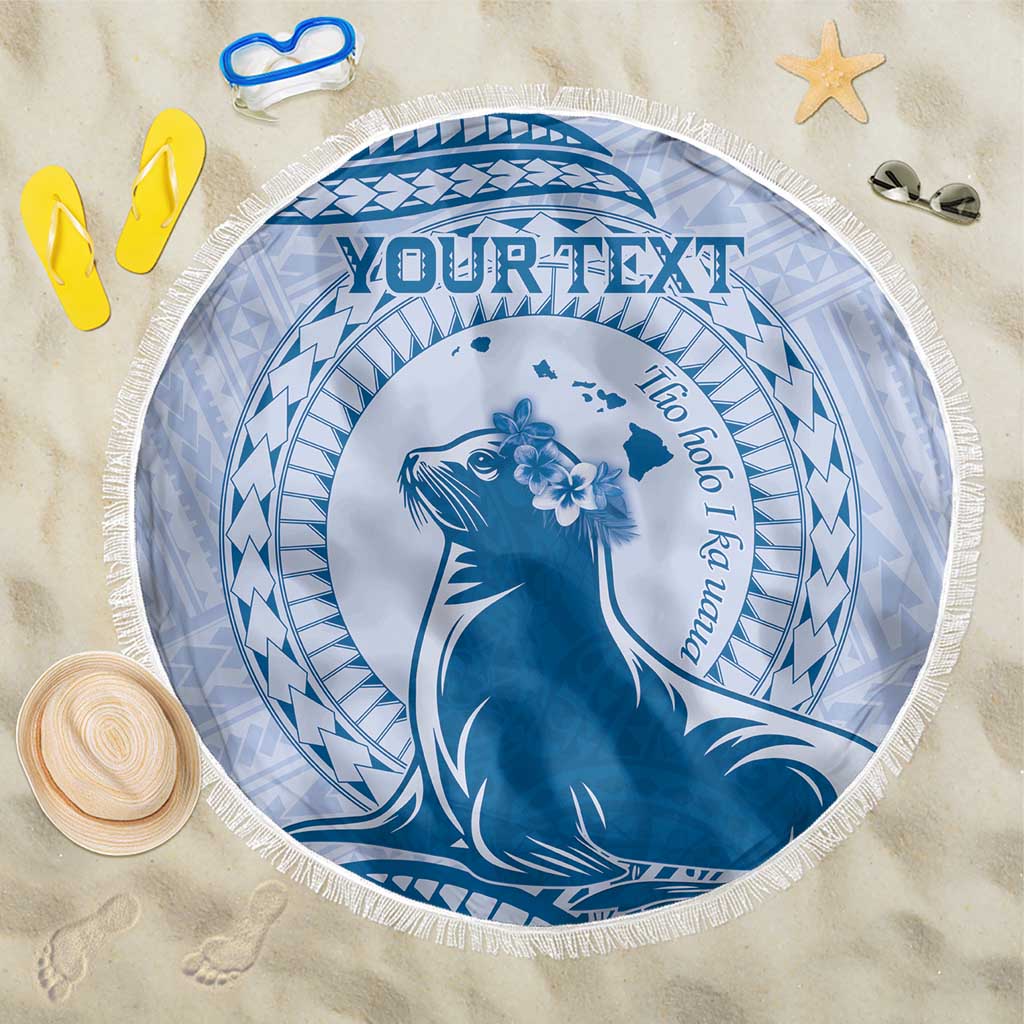 Personalised Hawaii Monk Seal Beach Blanket Polynesian Tattoo With Tropical Flowers - Blue Pastel