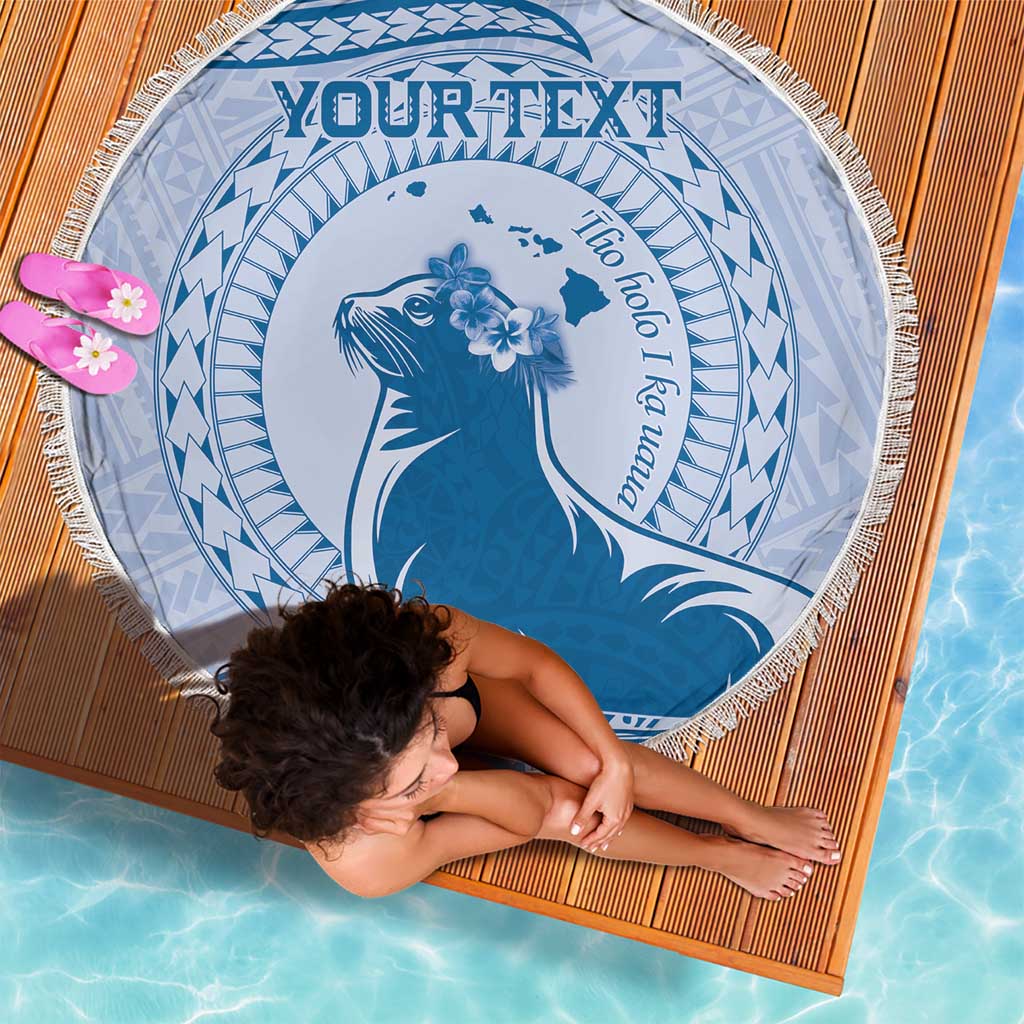 Personalised Hawaii Monk Seal Beach Blanket Polynesian Tattoo With Tropical Flowers - Blue Pastel LT14 - Polynesian Pride