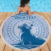 Personalised Hawaii Monk Seal Beach Blanket Polynesian Tattoo With Tropical Flowers - Blue Pastel LT14 - Polynesian Pride