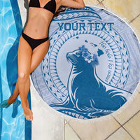 Personalised Hawaii Monk Seal Beach Blanket Polynesian Tattoo With Tropical Flowers - Blue Pastel LT14 - Polynesian Pride