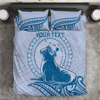 Personalised Hawaii Monk Seal Bedding Set Polynesian Tattoo With Tropical Flowers - Blue Pastel LT14 Blue - Polynesian Pride