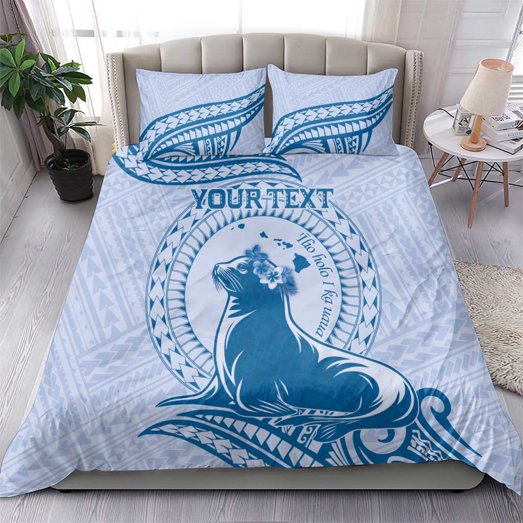 Personalised Hawaii Monk Seal Bedding Set Polynesian Tattoo With Tropical Flowers - Blue Pastel LT14 - Polynesian Pride