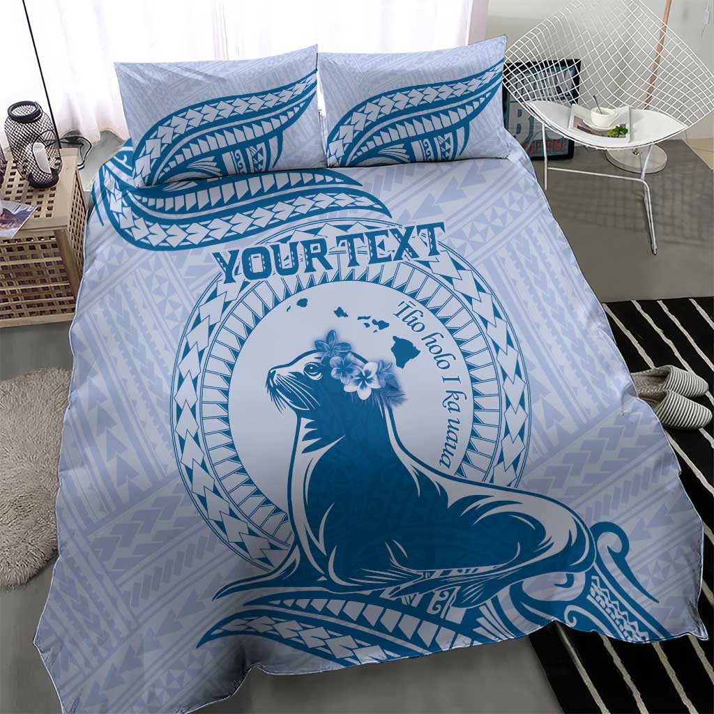 Personalised Hawaii Monk Seal Bedding Set Polynesian Tattoo With Tropical Flowers - Blue Pastel LT14 - Polynesian Pride