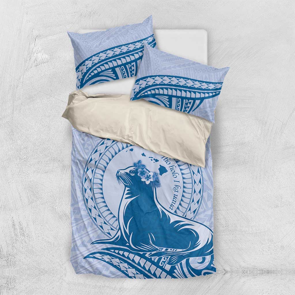 Personalised Hawaii Monk Seal Bedding Set Polynesian Tattoo With Tropical Flowers - Blue Pastel LT14 US Twin 172cm x 218cm Blue - Polynesian Pride