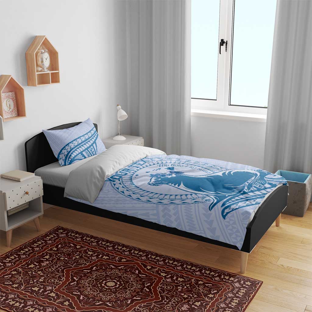 Personalised Hawaii Monk Seal Bedding Set Polynesian Tattoo With Tropical Flowers - Blue Pastel LT14 - Polynesian Pride