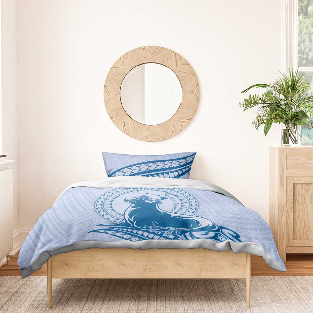 Personalised Hawaii Monk Seal Bedding Set Polynesian Tattoo With Tropical Flowers - Blue Pastel LT14 - Polynesian Pride