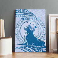 Personalised Hawaii Monk Seal Canvas Wall Art Polynesian Tattoo With Tropical Flowers - Blue Pastel LT14 - Polynesian Pride