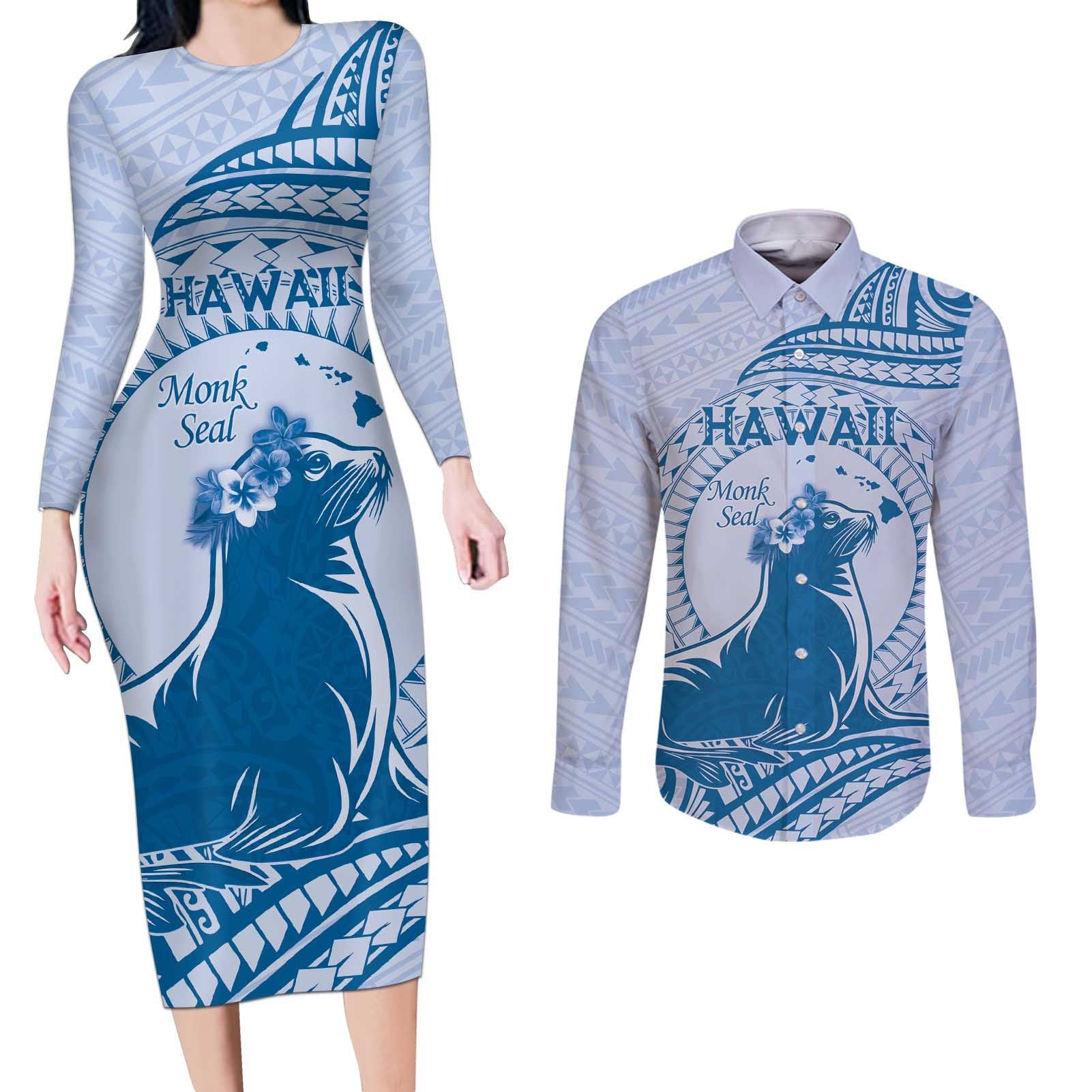 Personalised Hawaii Monk Seal Couples Matching Long Sleeve Bodycon Dress and Long Sleeve Button Shirt Polynesian Tattoo With Tropical Flowers - Blue Pastel