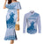 Personalised Hawaii Monk Seal Couples Matching Mermaid Dress and Long Sleeve Button Shirt Polynesian Tattoo With Tropical Flowers - Blue Pastel