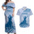 Personalised Hawaii Monk Seal Couples Matching Off Shoulder Maxi Dress and Hawaiian Shirt Polynesian Tattoo With Tropical Flowers - Blue Pastel